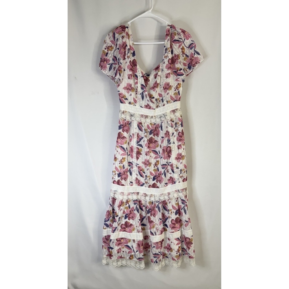 Adelyn Rae Women's Floral Lace Trim Midi Dress Pink White Puff Sleeve Size Small - Picture 2 of 7